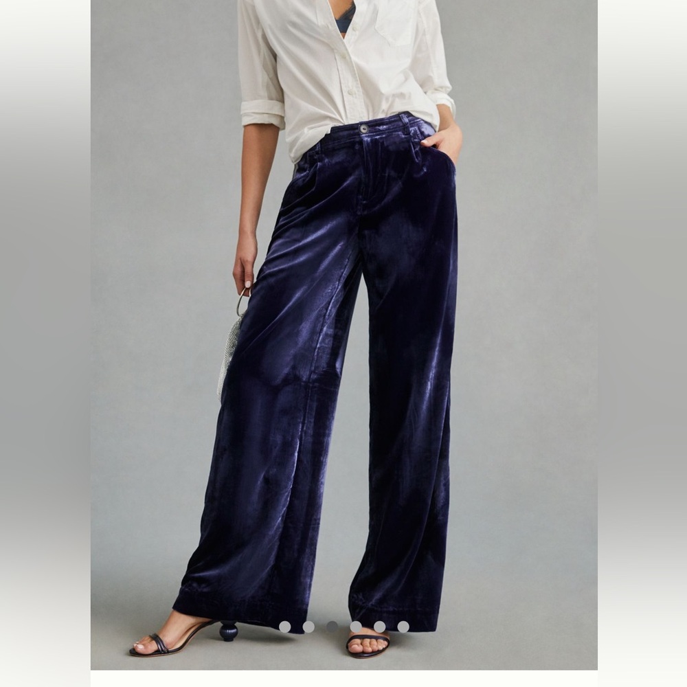 Anthropologie Wide-Leg Velvet Trousers / Pants in Deep Blue / Purple / Indigo - Picture 2 of 6